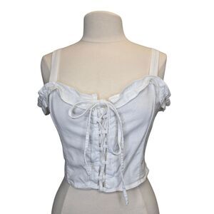 Cotton On Women's L Linen Blend Ruffled White Corset Front Crop Top